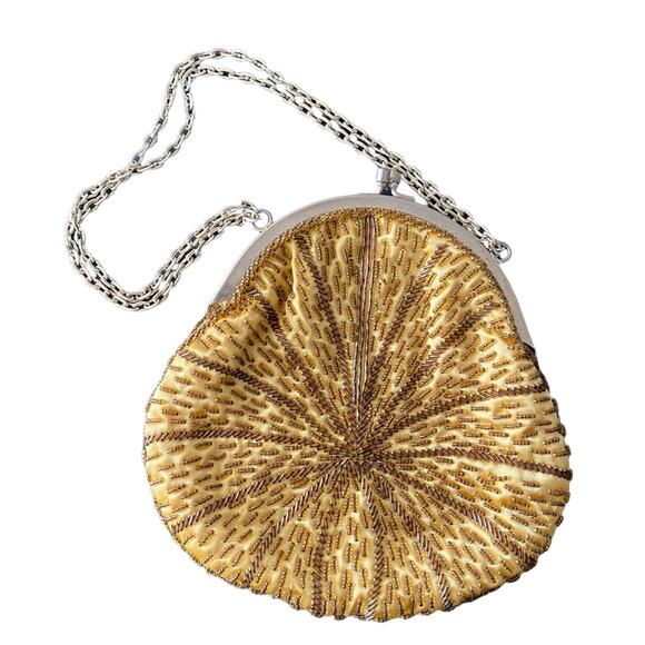 Mister Ernest Vintage Cream Gold Beaded Coin Purse Handbag Mini Bag - Picture 1 of 7